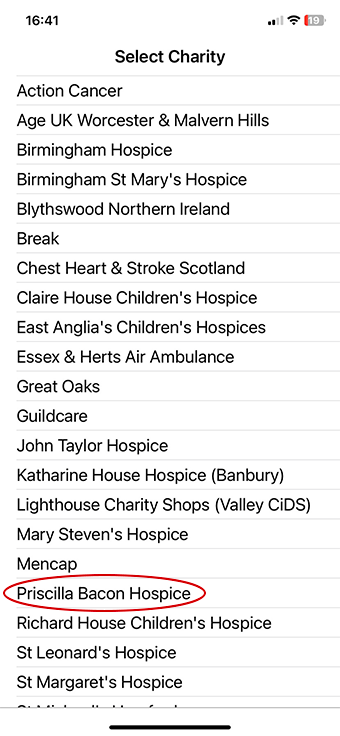 A screenshot from the Appstore showing how to select a charity with the app